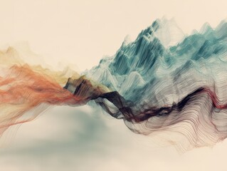Abstract mountain range, textured lines, beige, teal, orange.