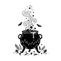 Vector art of witch cauldron with potion halloween vector illustration in engraving style