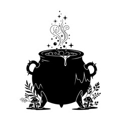 Vector art of hand drawn witch cauldron with potion, mushrooms, leaves and smoke