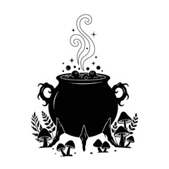 Vector art of hand drawn witch cauldron with potion, mushrooms, leaves and smoke