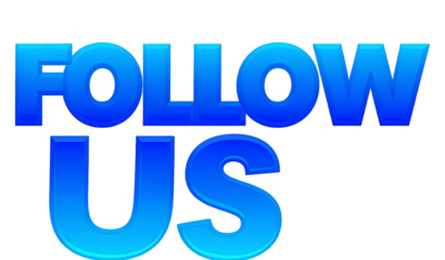 FOLLOW US- text in modern bold style, gradient blue font, transparent background, PNG