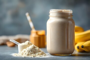 Delicious protein shake with banana, peanut butter, and protein powder on kitchen countertop