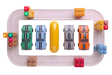 Overhead view of toy cars on a track, traffic light and building blocks.  A yellow hot dog sits on the track amidst the cars