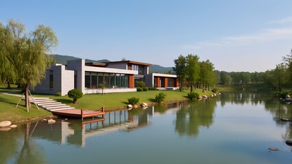 Obraz premium A striking modern villa poised along the banks of a gently flowing river, showcasing expansive glass walls, sharp architectural lines, and open terraces with sweeping views of the shimmering water