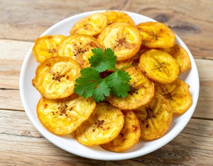 Crispy banana slices on white plate, garnished with cilantro, on a wooden table