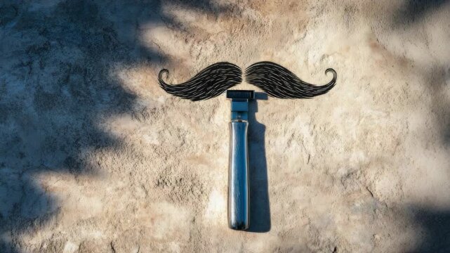 Razor and mustache illustration on textured stone background