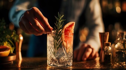 Expert bartender preparing a refreshing cocktail with herbs and citrus in a cozy bar setting