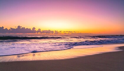 Fototapeta premium Serene Beach Scene with Colorful Sunset Sky Over Ocean Waves and Sandy Shore