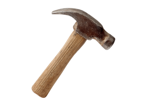 Old hammer tool wood handle metal head isolated black background, Isolated On white, Png Transparent