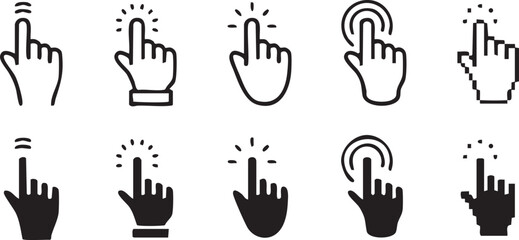 Clicking Hand Cursor Icons Set – Outline & Silhouette Vector