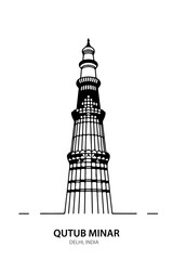 Obraz premium Qutub Minar Delhi Vector Line Art Illustration on White Background – Famous Indian Monument Outline