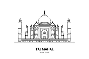Taj Mahal Agra Vector Line Art Illustration on White Background – Famous Indian Monument Outline