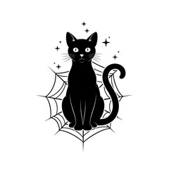 Vector art of adorable black cat sitting on a spider web, with twinkling stars around