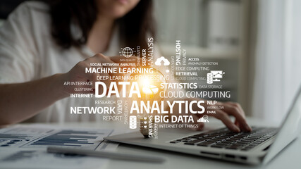 A woman works on her laptop, surrounded by visual elements representing data analytics, machine learning, and cloud computing in a modern office environment. Tessel