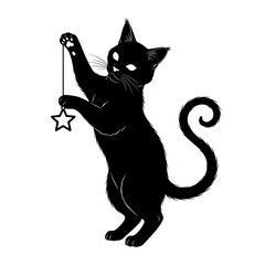 Vector art of a black cat standing on its hind legs and playing with a star