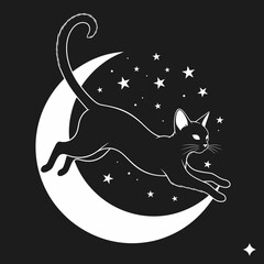 Vector art of a black cat jumping over the moon with stars in the night sky