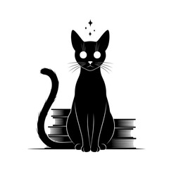 Vector art of mystical black cat sitting on a stack of books, with a star above its head