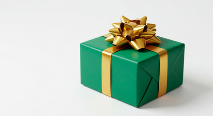 Obraz premium Green gift box with a gold bow on a white background