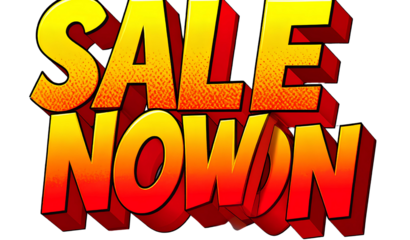 SALE NOW ON- – Comic pop-art letters, yellow & red, shadow effect, transparent background png