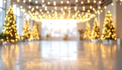 Festive Christmas Celebration Decor with Blurred Lights and Decorated Trees in Bright Indoor Space