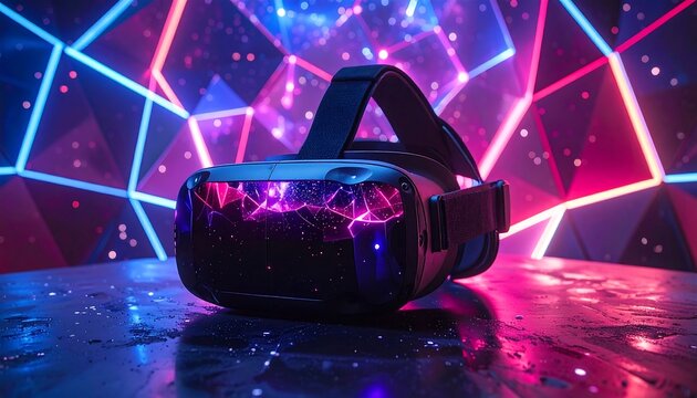 VR headset on a surface with vibrant neon lights