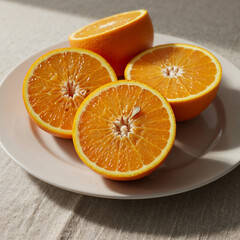 Fototapeta premium A few halved and sliced oranges revealing juicy pulp and detailed segments, displayed on a simple white plate