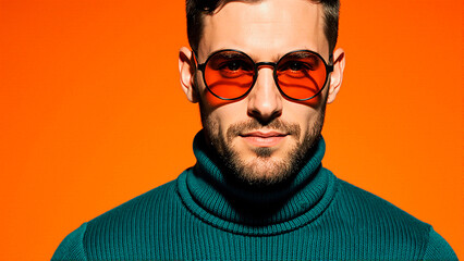Confident Man Wearing Red Sunglasses and Teal Sweater Against Orange Background