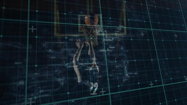 Basketball player gripping ball and aiming jump shot while glowing grid and data points pulsing