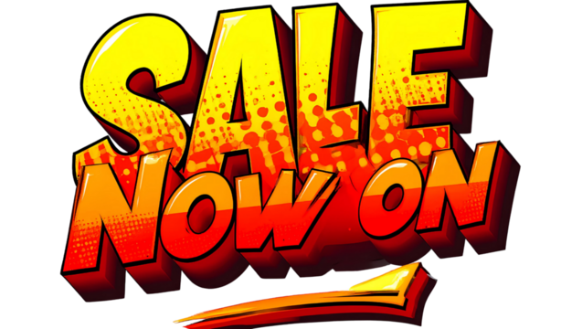 SALE NOW ON- – Comic pop-art letters, yellow & red, shadow effect, transparent background png