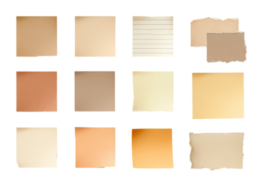 Grid of twelve textured square notes, various shades of beige and tan, with torn edges