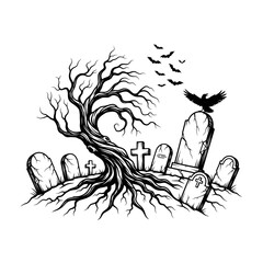Vector art of handdrawn halloween illustration of a gnarled tree, gravestones, and bats