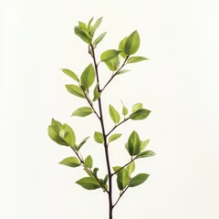 Fototapeta premium Single green branch with leaves on white.