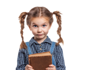 A curious young girl with pigtails holds an old book, looking thoughtful.