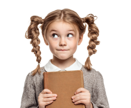 Girl with pigtails holding a book looks up thoughtfully.
