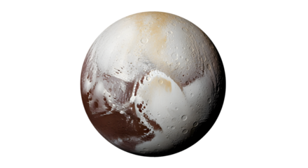 Mysterious dwarf planet with vast icy plains and rugged terrain against a stark white background.