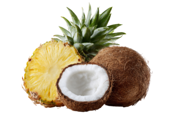 Fresh pineapple and coconut halves.  