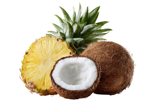 Fresh pineapple and coconut halves.  