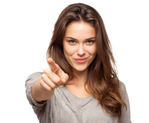 Attractive woman pointing her finger directly at the camera with a smile