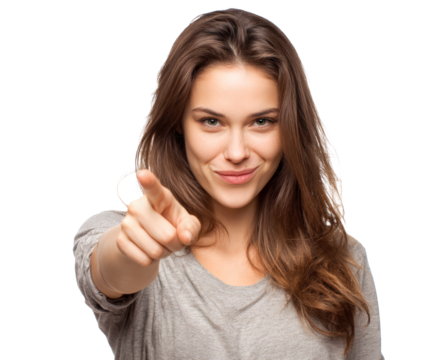 Attractive woman pointing her finger directly at the camera with a smile - Powered by Adobe