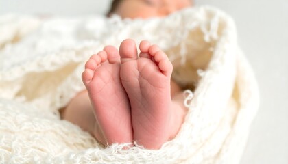 Close-up view of delicate baby feet wrapped in a soft, cream-colored knitted blanket, showcasing the tiny toes and the gentle curves of the infant's feet.