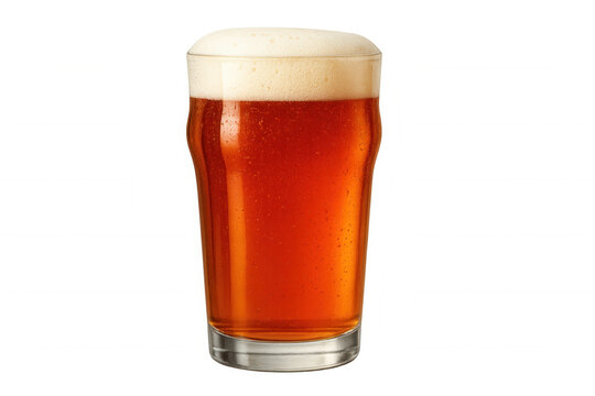 Chilled amber beer with foamy head, glistening condensation, resting on pristine transparent surface