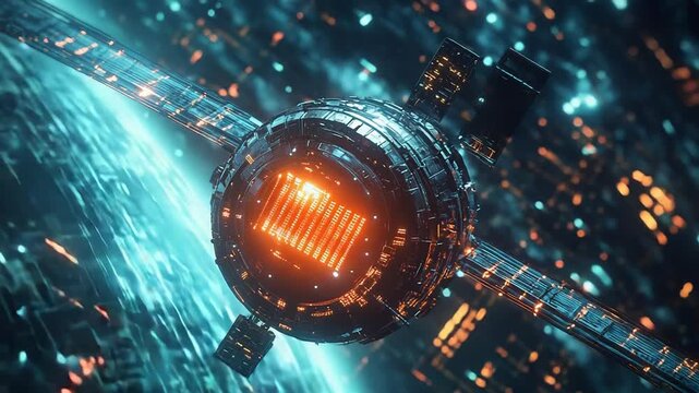 Futuristic spherical satellite orbiting a technologically advanced planet