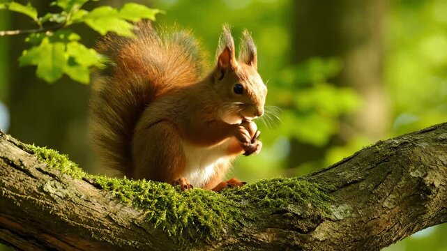 A curious squirrel munches on a nut while perched on a moss-covered branch. Sunlight filters through the lush leaves, creating a peaceful atmosphere in the forest.