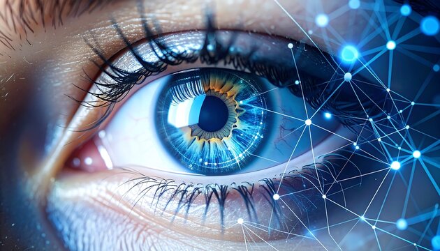 Close-up eye with digital network overlay