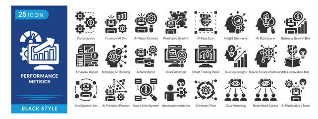 Performance Metrics icon set in black style, featuring Strategic Thinking, AI Workforce, Risk Detection, Smart Trading, Insight, and Innovation.