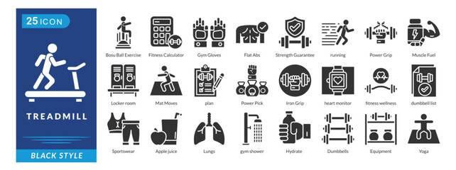 Treadmill icon set in black style, featuring Sportswear, Gym Equipment, Running, Yoga, Dumbbells, Hydration, and Fitness Gear.