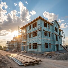 Obraz premium Modern multi story residential building under construction with scaffolding and lumber at sunset