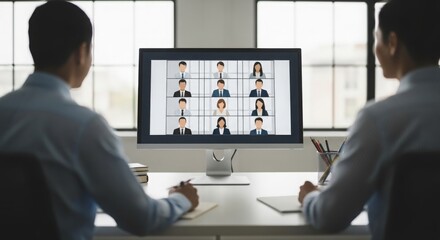 Virtual team meeting grid on monitor at clean desk for remote work
