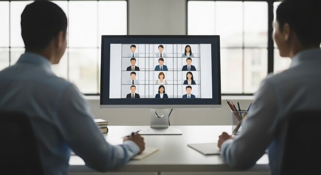 Virtual team meeting grid on monitor at clean desk for remote work