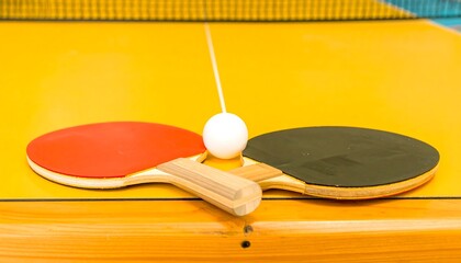 Two ping pong paddles, white ball, yellow table